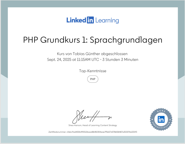 Zertifikat: PHP Grundkurs 1 – Sprachgrundlagen (LinkedIn Learning)