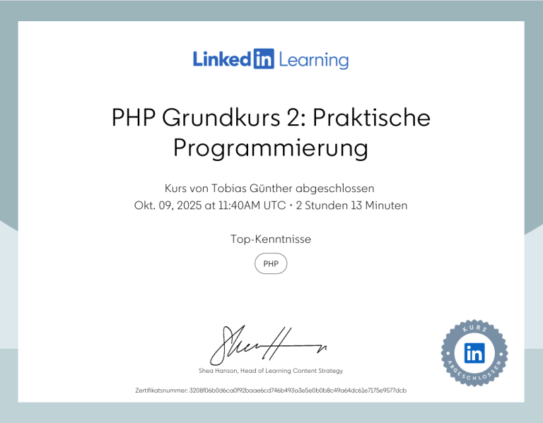 Zertifikat: PHP Grundkurs 2 – Praktische Programmierung (LinkedIn Learning)