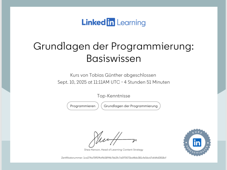 Zertifikat: Grundlagen der Programmierung – Basiswissen (LinkedIn Learning)