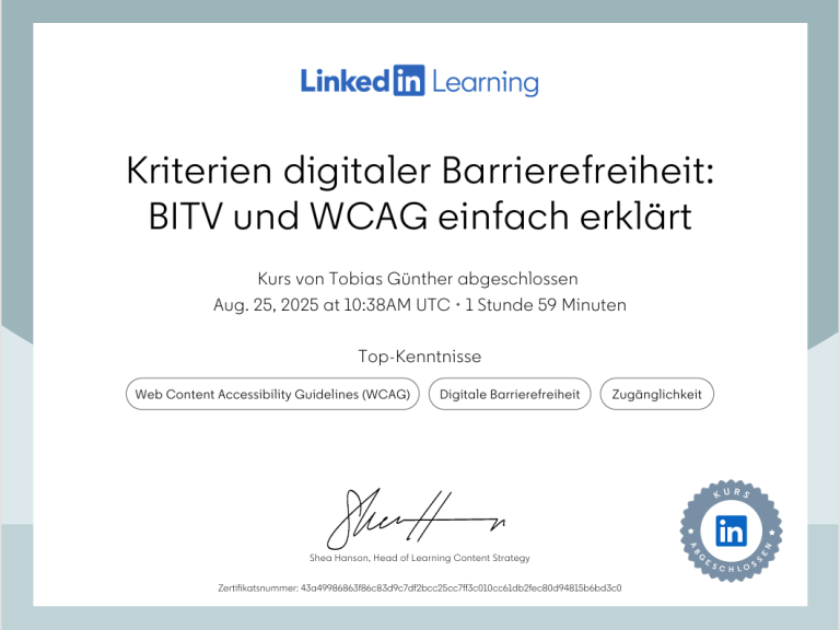Zertifikat: Digitale Barrierefreiheit – BITV und WCAG einfach erklärt (LinkedIn Learning)